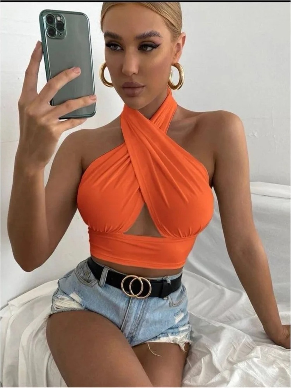 Cross-Front Halter Crop Top in Orange